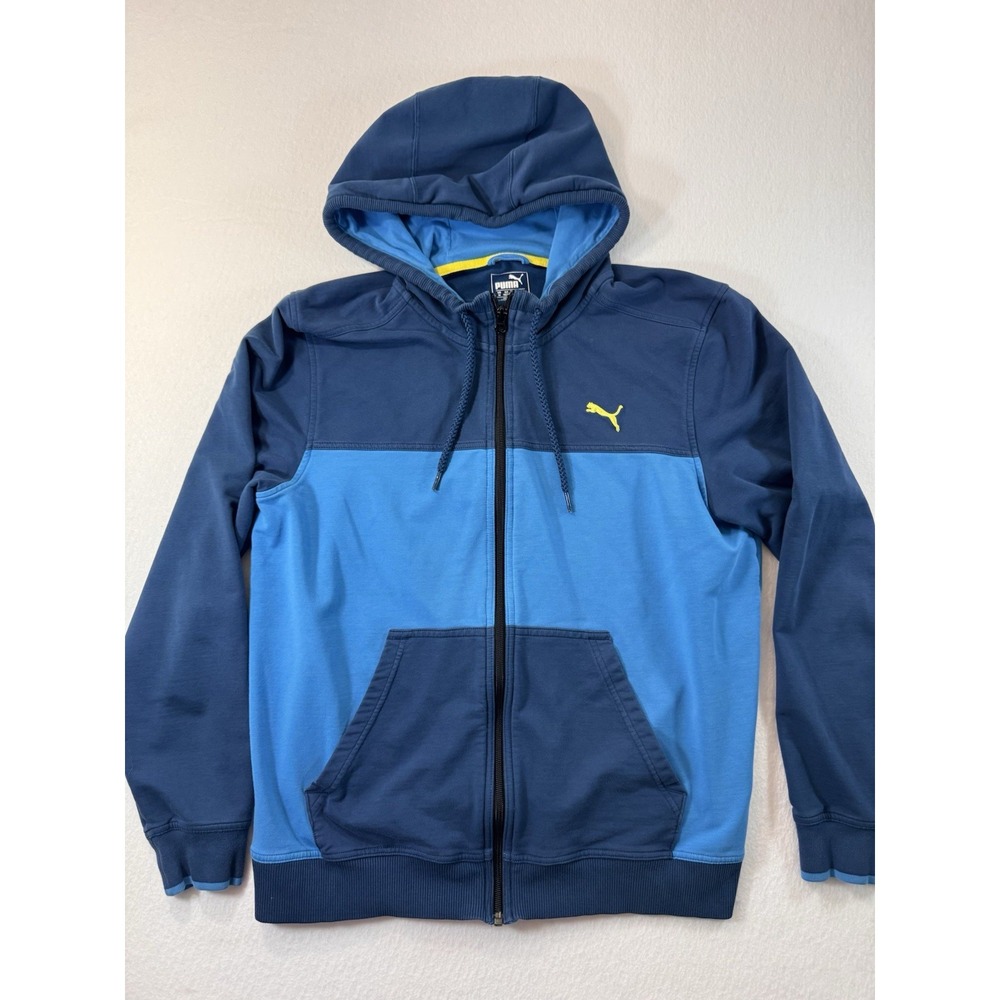 Puma Mens Full Zip Hoodie Medium Blue Colorblock Casual Outdoor Gym Training EUC